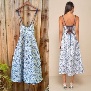 🌿 Light Grey and Cobalt Floral Jacquard Lace-Up Bustier Midi Dress 🌿